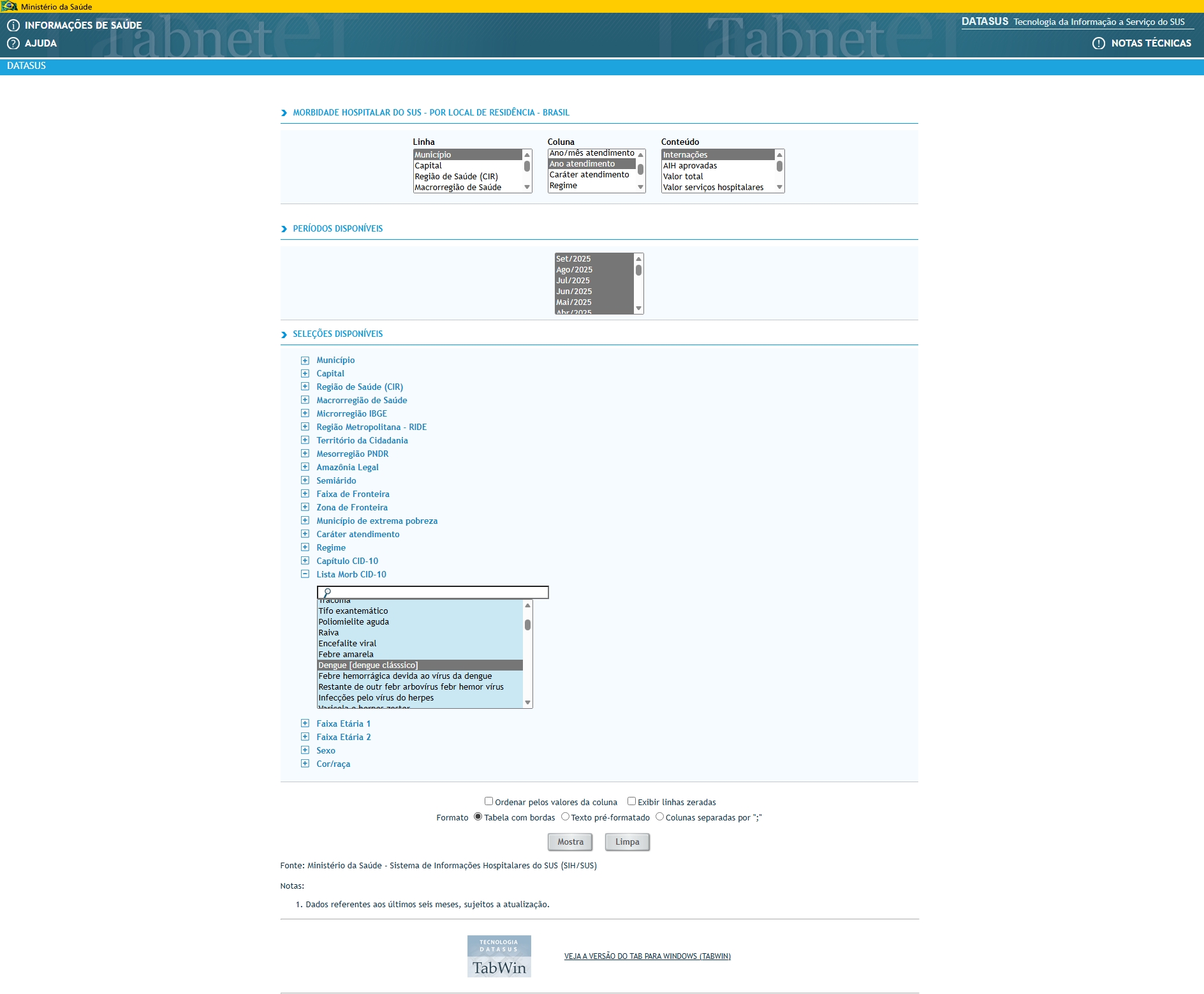 Interface do TabNet DATASUS para extração de dados de morbidade hospitalar do SIH/SUS.
