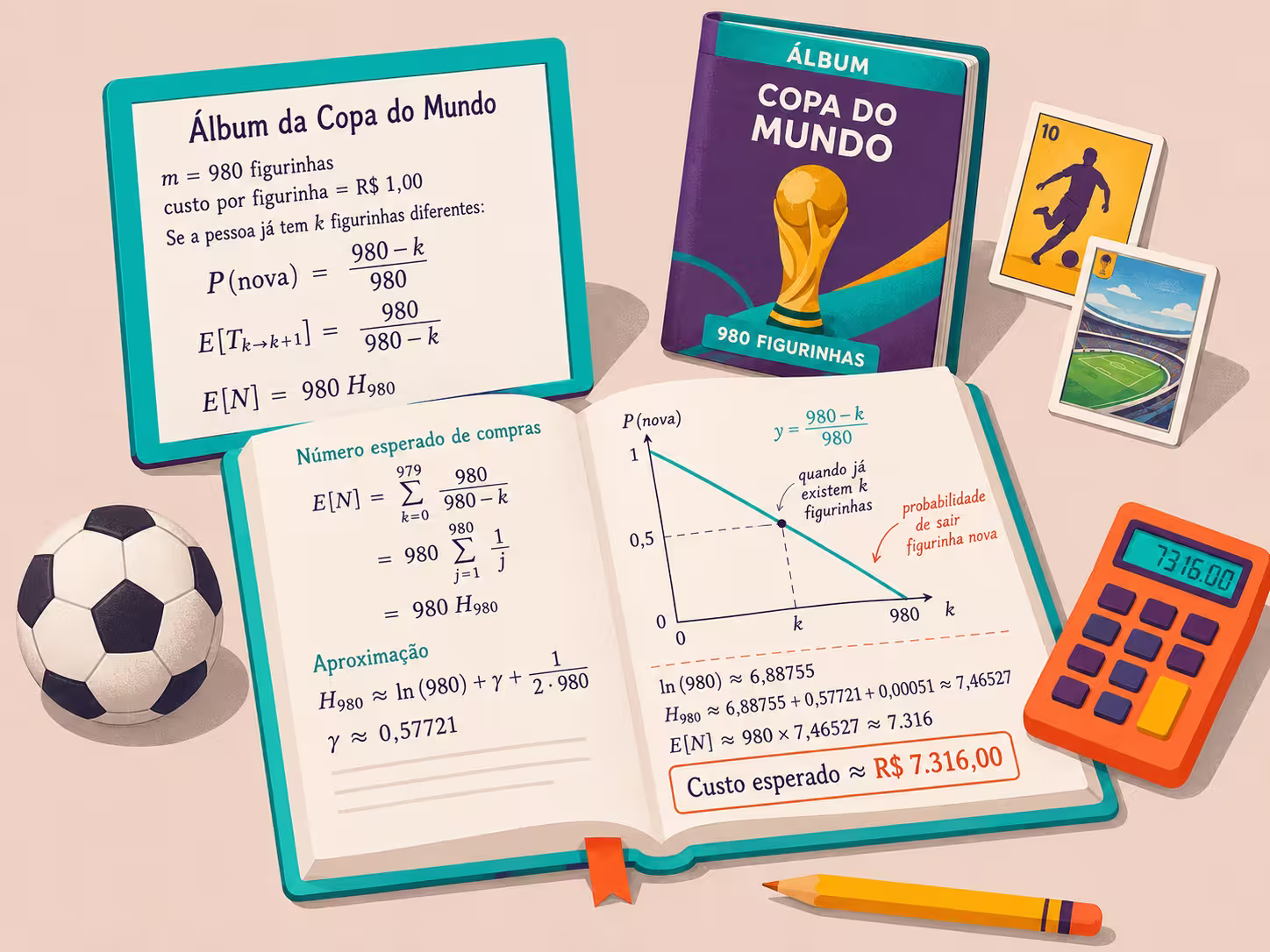 Álbum de figurinhas da Copa com espaços vazios e pilhas de figurinhas repetidas.